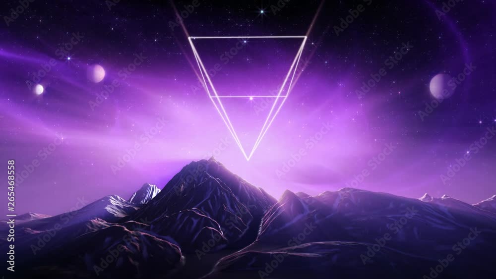80s retro futuristic loop. Rotating neon wireframe pyramid, aurora lights and  planets in night sky with twinkling stars, above snowy mountains. Purple version.