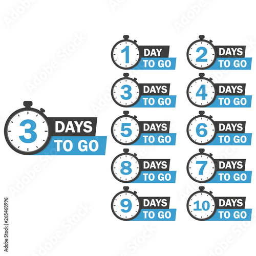 Vector illustration days to go flat icon with clock. Number 1 to 7