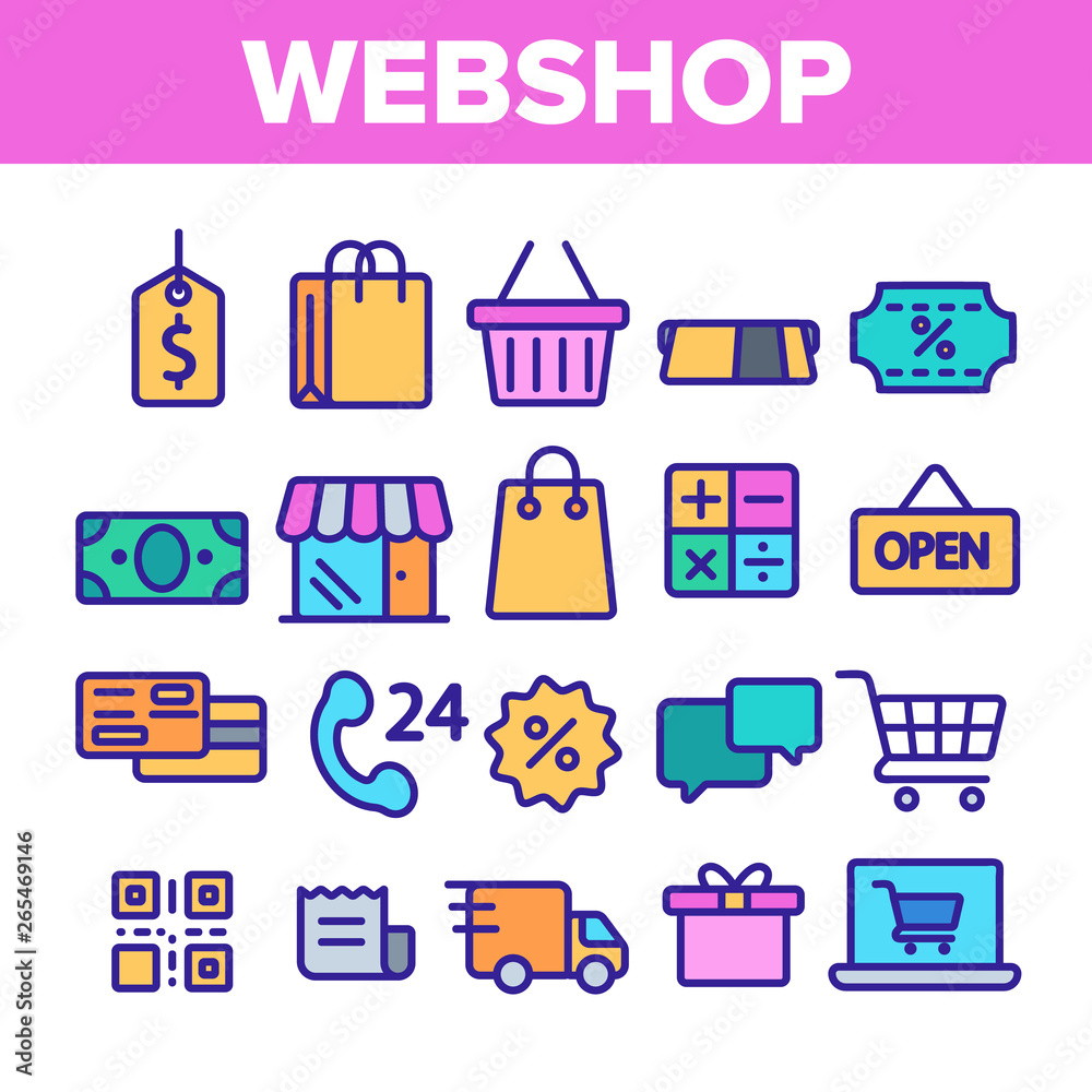 Webshop, Online Shopping Linear Vector Icons Set. E Commerce Thin Line Contour Symbols Pack. Internet Purchases Pictograms Collection. Online Sales. Goods Delivery Outline Illustrations Webshop, Online Shopping Linear Vector Icons Set. E Commerce Thin Line Contour Symbols Pack. Internet Purchases Pictograms Collection. Online Sales. Goods Delivery Outline Illustrations