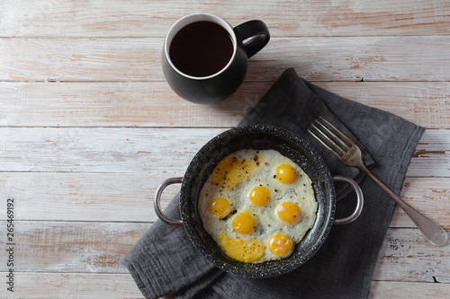 Fried quail eggs in a pan for breakfast. Healthy organic food