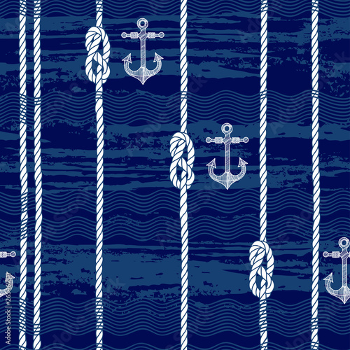 Seamless pattern with marine rope,knots, anchors and waves on blue texture background. Hand-drawn vector illustration.