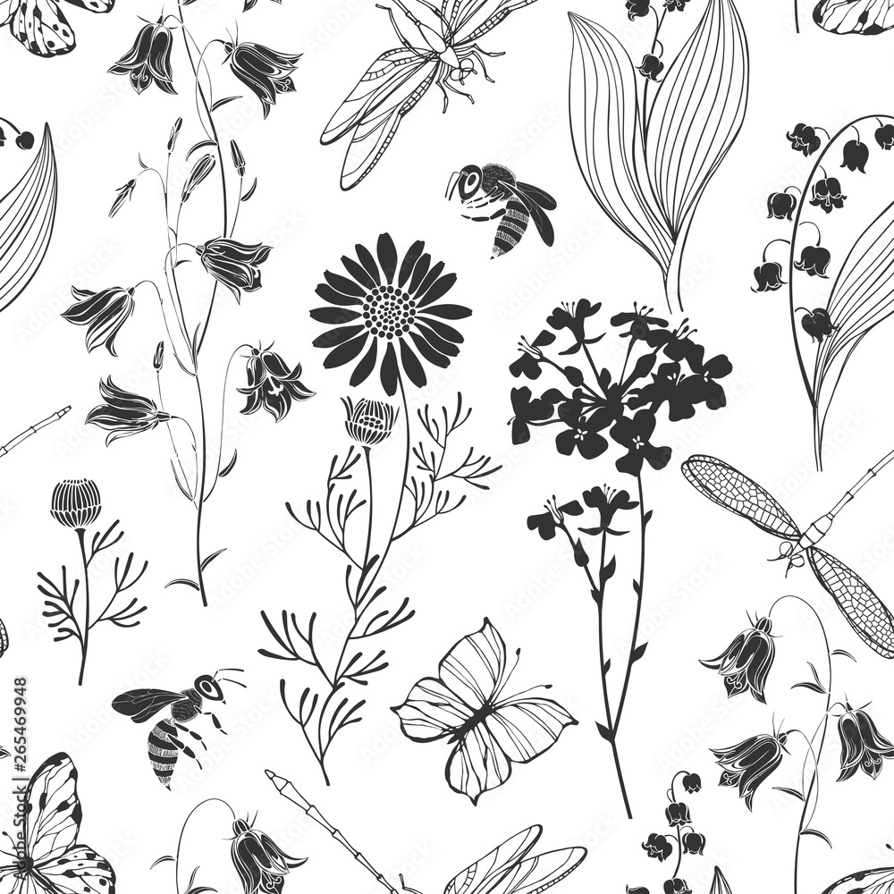 Fototapeta premium Wild flowers and insects. Seamless vector pattern with lilies of the valley, chamomile,flowers bluebells,butterflies, dragonflies and bees. Black and white nature background.