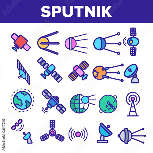 Orbital Sputnik Linear Vector Icons Set. Sputnik Thin Line Contour Symbols. Cosmos Exploration, Astronautics Pictograms Collection. Satellite Dish, Space Shuttle, Radar Tower Outline Illustrations