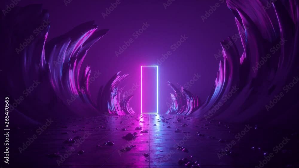 3d abstract background, neon light, extraterrestrial landscape scene, meteor shower, falling stars, flight forward through corridor of rocks, virtual reality, outer space, speed of light, fireworks