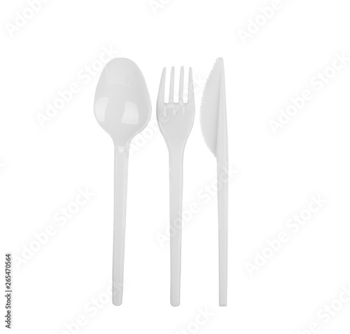 Disposable plastic spoon, knife and fork isolated. Realistic white plastic tableware isolated on white background