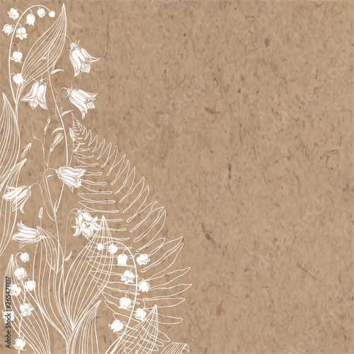 Floral background with wild flowers and place for text. Bluebells, lilies of the valley and fern. Vector illustration on a kraft paper. Invitation, greeting card or an element for your design.