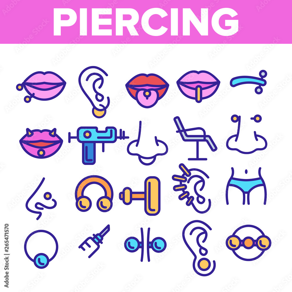 Piercing Salon Theme Linear Vector Icons Set. Piercing Earrings, Ball closure Ring Symbols Pack. Stainless Steel Jewelry Pictograms. Professional Tool, Equipment Signs, Outline Illustrations