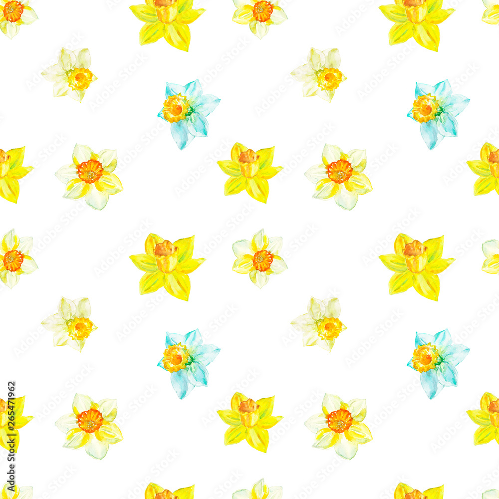 Watercolor floral seamless pattern with yellow narcissus on white background. Bright botanical print.