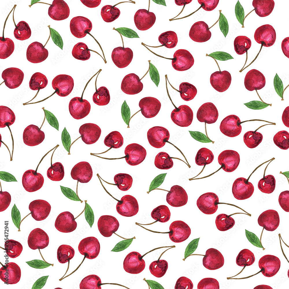 Seamless pattern with fresh red cherry on white background. Hand drawn watercolor illustration.