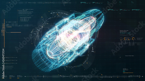 Advance motion graphic futuristic user interface head up display screen with Holographic electromagnetic machine with gravitational fields energy particles wave and digital data telemetry information 