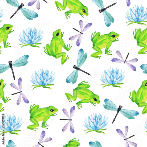 Seamless pattern with blue and lilac dragonfly, green frogs and blue lake flowers on white background. Hand drawn watercolor illustration.