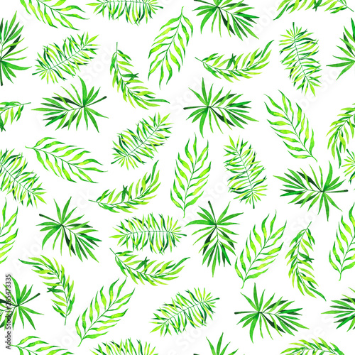 Seamless pattern with tropical green palm tree leaves on white background. Hand drawn watercolor illustration.