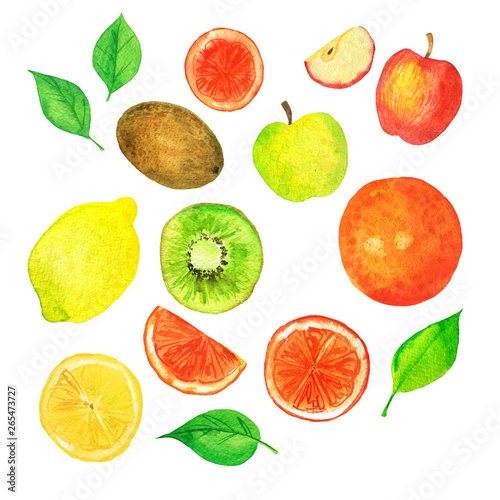 Set of fresh fruit and fruit slices isolated on white background. Apple, lemon, kiwi, orange and green leaves. Hand drawn watercolor illustration. 