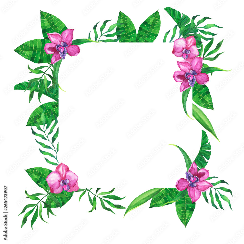 Decorative pink orchid tropical flowers and leaves frame isolated on white background. Hand drawn watercolor illustration. 