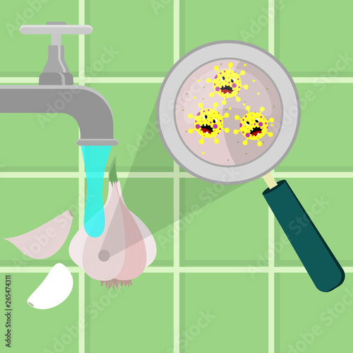 Garlic contaminated with cartoon microbes being cleaned and washed in a kitchen. Microorganisms, virus and bacteria in the vegetable enlarged by a magnifying glass. Running tap water. Angry microbes