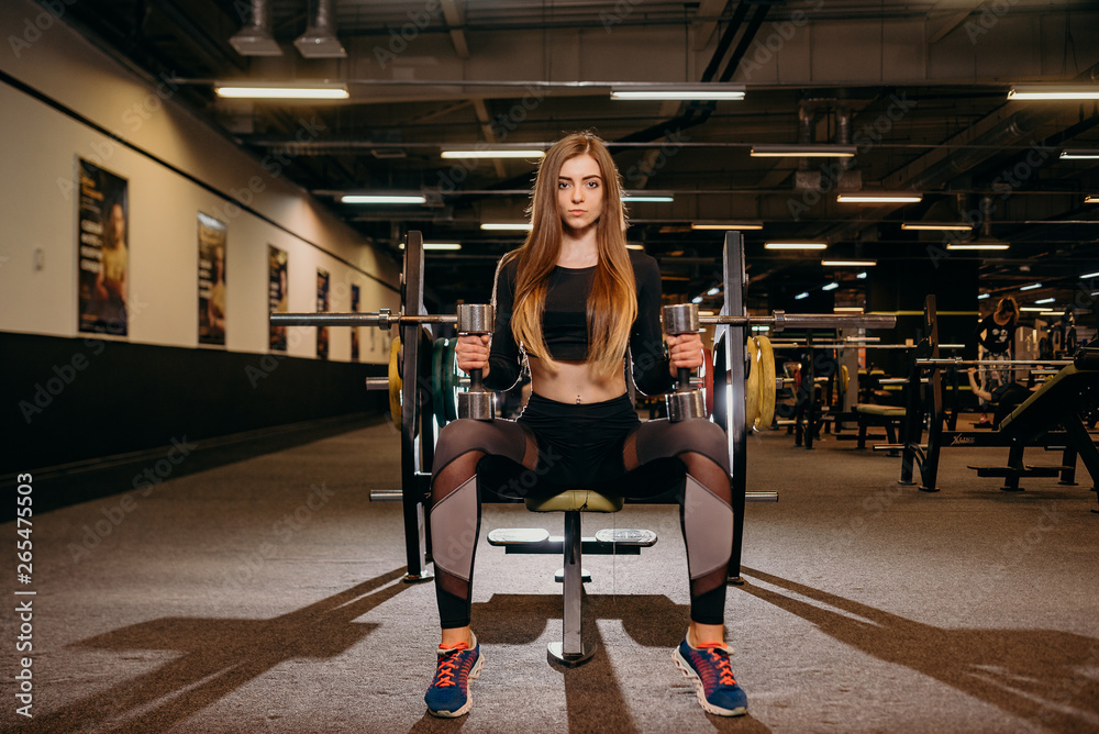 Sports attractive shape of young sporty focused on camera fitness caucasian girl doing biceps exercises while sitting on the bench and raising dumbbell in the gym.