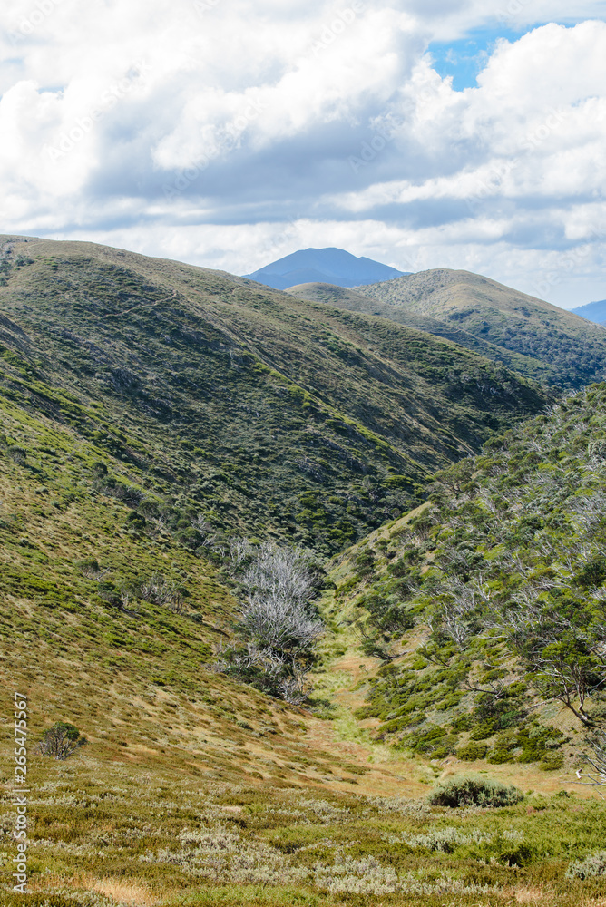 View across mountain range towards Mt Feathertop in the alpine high country near Mt Hotham in Victoria, Australia 