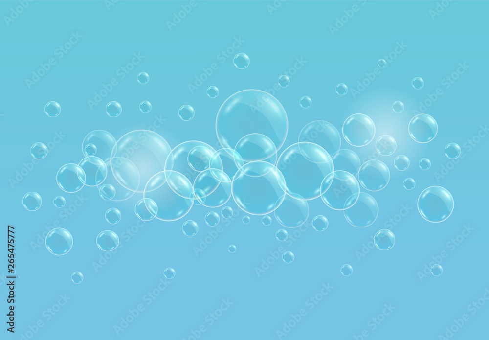 Vector realistic blue background with transparent soap water bubbles, balls or spheres. 3D illustration.