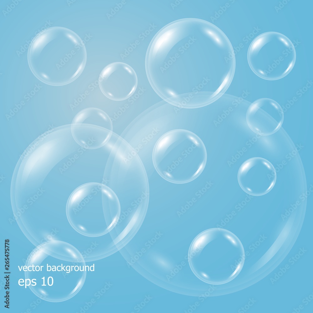 Vector realistic blue background with transparent soap water bubbles, balls or spheres. 3D illustration. EPS 10.