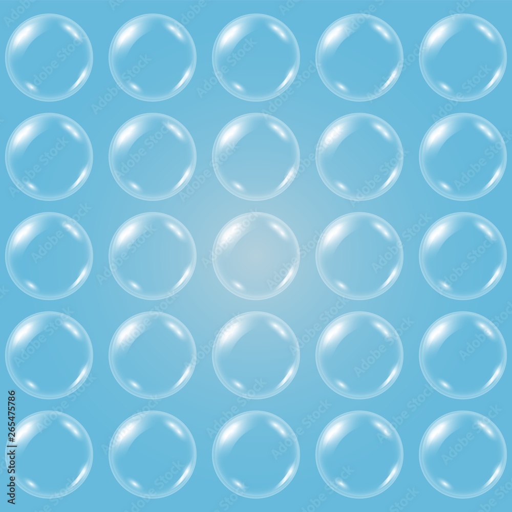 Vector realistic transparent soap water bubble pattern on a blue background. 3D illustration. EPS 10.