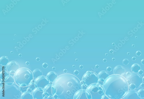 Vector realistic blue background with transparent soap water bubbles  balls or spheres. 3D illustration.