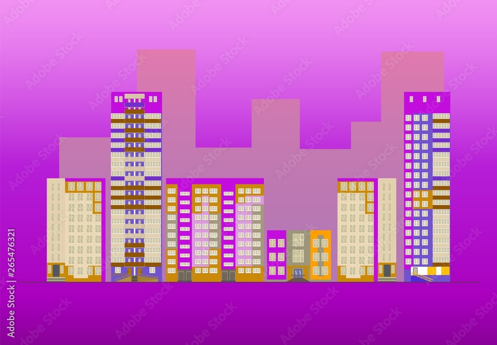 Vector illustration street of town on pink backgtround. Different high-rise building or houses in city.