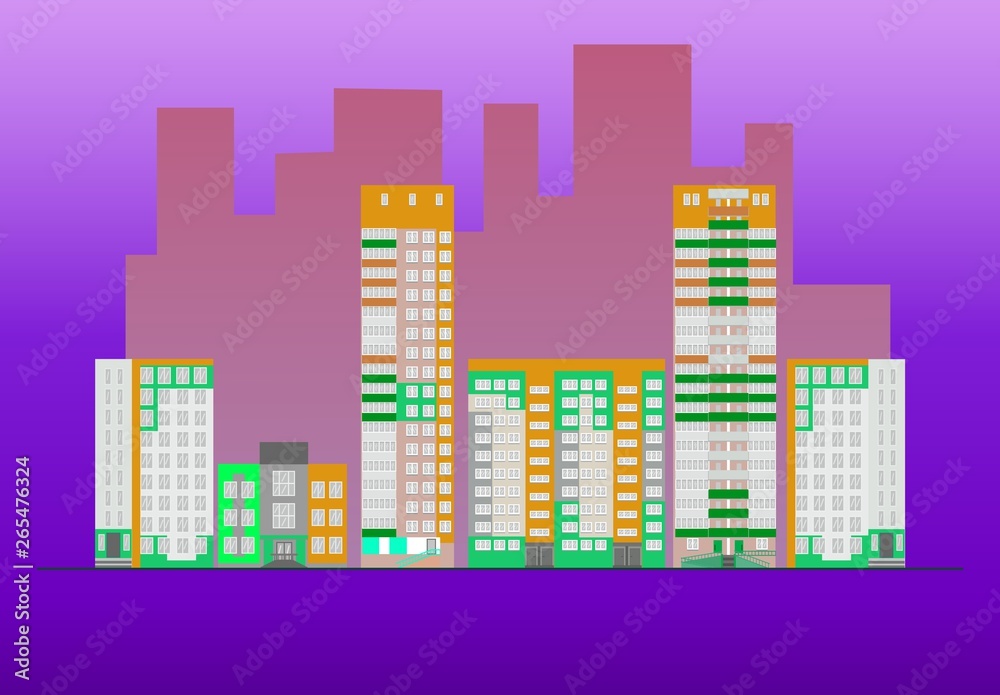 Vector illustration street of town on violet backgtround. Different high-rise building or houses in city.