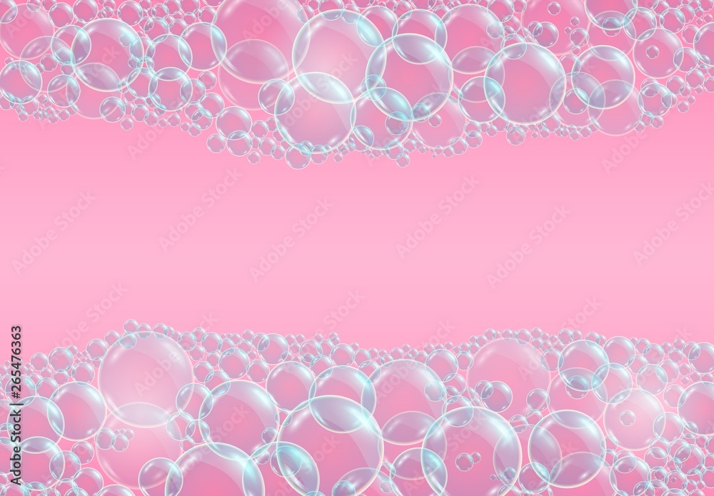 Vector realistic pink background with transparent soap water bubbles, balls or spheres. 3D illustration.