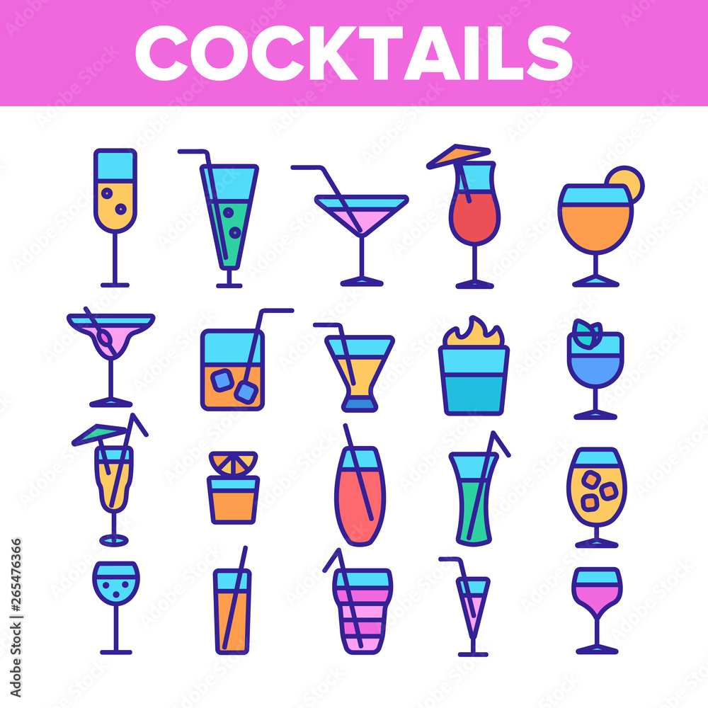 Cocktails, Alcohol and Soft Drinks Linear Icons Set. Alcoholic Beverages Thin Line Contour Symbols Pack. Shots Collection. Various Cocktail Liquors. Bar Beverages Outline Vector Illustrations Cocktails, Alcohol and Soft Drinks Linear Icons Set. Alcoholic Beverages Thin Line Contour Symbols Pack. Shots Collection. Various Cocktail Liquors. Bar Beverages Outline Vector Illustrations