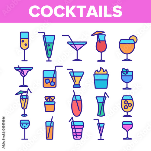 Cocktails, Alcohol and Soft Drinks Linear Icons Set. Alcoholic Beverages Thin Line Contour Symbols Pack. Shots Collection. Various Cocktail Liquors. Bar Beverages Outline Vector Illustrations
