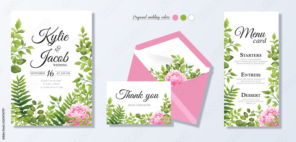 Wedding invite, personal menu,  thank you, table number card design set with elegant pink peony flowers, natural branches, green leaves, herbs. Romantic rustic set. Vector decorative elegant.