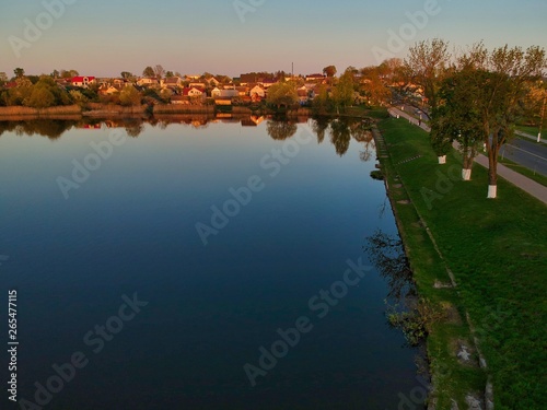 Aerial view of sunset above Nesvizh, Minsk Region, Belarus