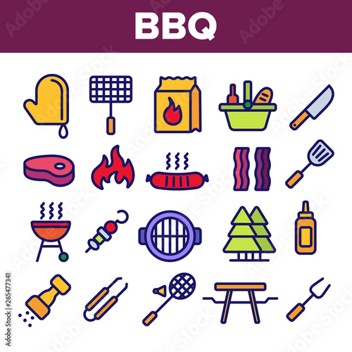 BBQ Equipment, Tools Linear Vector Icons Set. Barbecue Thin Line Contour Symbols Pack. BBQ Cooking Pictograms Collection. Outdoor Leisure, Picnic, Hiking Concept. Grill Cooking Outline Illustrations
