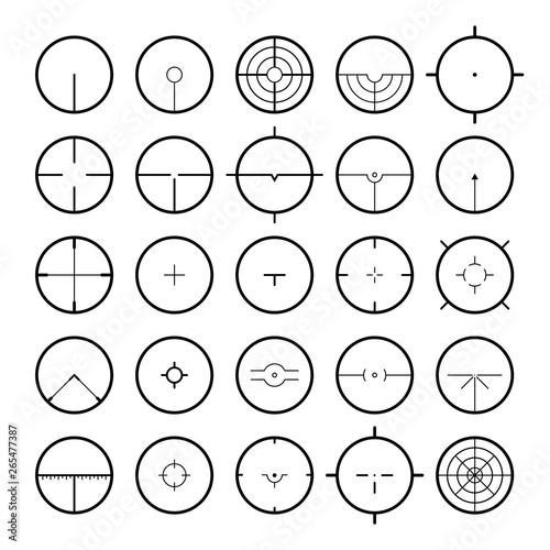 Aim icon set, various abstract target aiming scope reticles vector illustrations isolated on white, simple crosshairs a metaphor of concentration and focusing on a goal