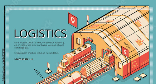 Industrial production logistics isometric vector web banner. Locomotive pulling cargo wagons with timber, pipes, bulk materials from depot or railway station. Railroad transport company landing page