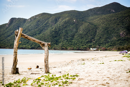 wooden frame at beach on con dao island, vietnam