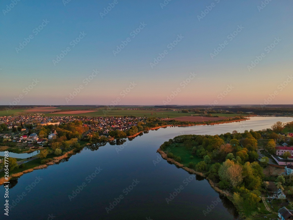 Aerial view of a sunset above Nesvizh, Minsk Region, Belarus