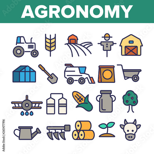 Agronomy Industry Vector Thin Line Icons Set. Agronomy Machinery Linear Illustrations. Growing Crops, Fruits Equipment. Farming, Meat, Dairy Products Manufacturing. Storage Facilities Contour Symbols