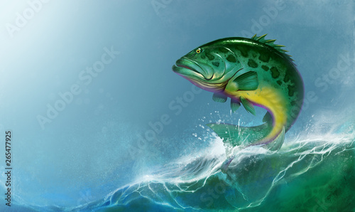 Atlantic goliath grouper big fish on water. Atlantic goliath grouper big green fish jumps out of the waves realistic illustration background.