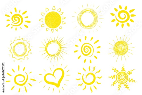 sun set of 12 pieces.  freehand drawing.  illustration.