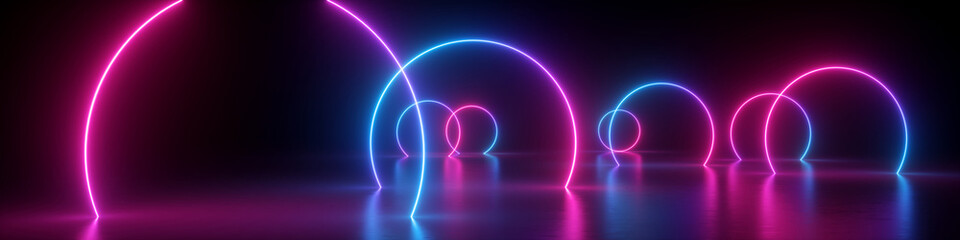 3d render, abstract panoramic background, neon light, glowing lines, round geometric shapes, ultraviolet spectrum, virtual reality, laser show