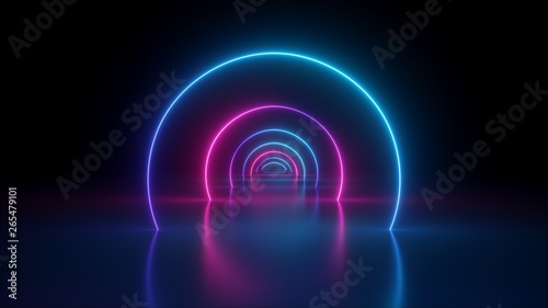 Fototapeta Naklejka Na Ścianę i Meble -  3d render, virtual reality environment, neon light, round portal, rings, circles, tunnel, ultraviolet spectrum, abstract background, laser show, fashion catwalk podium, way, stage, floor reflection