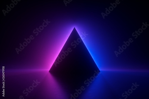 3d render, blue pink neon triangular frame, triangle shape, empty space, ultraviolet light, 80's retro style, fashion show stage, abstract background photo