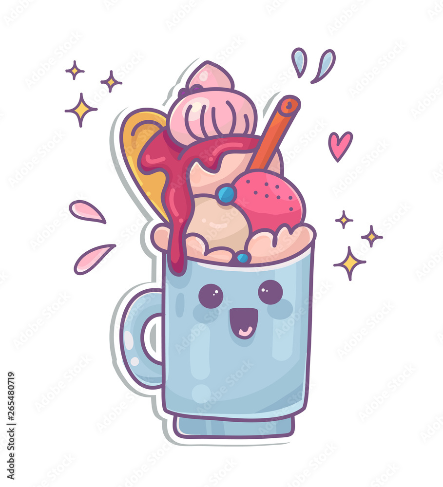 Colorful cartoon milkshake with ice-cream and topping.