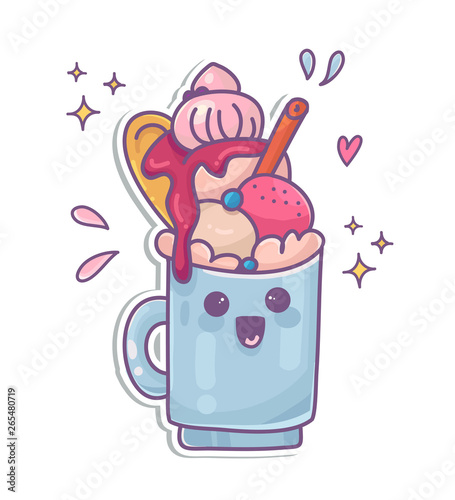 Colorful cartoon milkshake with ice-cream and topping.