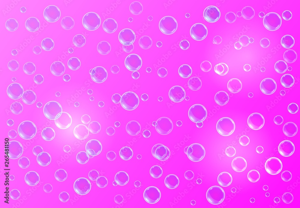 Vector realistic pink background with transparent soap water bubbles, balls or spheres. 3D illustration.