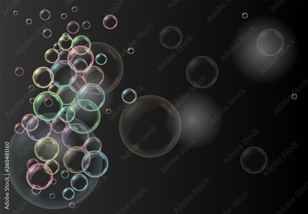Vector realistic dark background with colorfull transparent soap water bubbles, balls or spheres. 3D illustration.