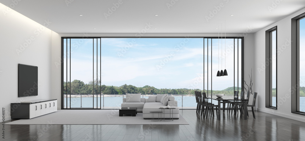 View of white living room in minimal style with black and white furniture  on dark laminate floor.Interior design with TV and sofa set on sea  background. 3d rendering. foto de Stock