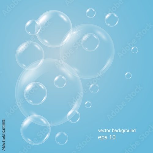 Vector realistic blue background with transparent soap water bubbles, balls or spheres. 3D illustration. EPS 10.