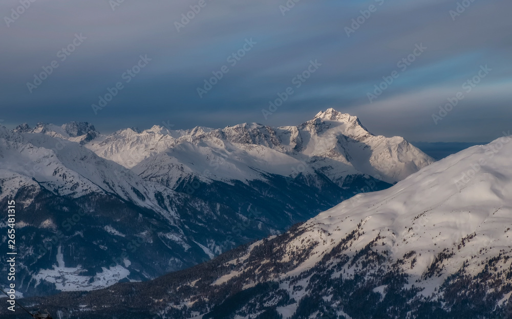 Winter panorama of mountains in Pitztal Hoch Zeiger ski resort in Austria Alps. Ski slopes. Beautiful morning.